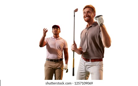 Two male golf players on white background. Isolated happy player emotionally rejoices victory. Opponent sad about losing - Powered by Shutterstock