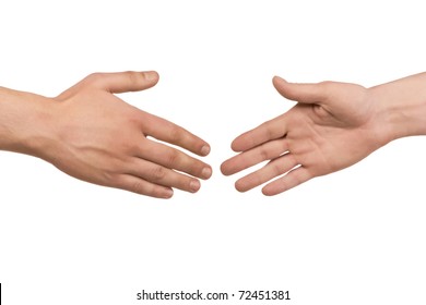 Two male hands about to shake hands, over white background - Shutterstock ID 72451381