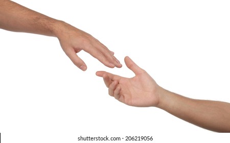 Two Male Hands Reaching Towards Each Other. Isolated