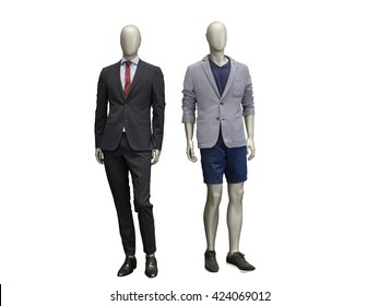 Two male mannequins dressed in suit Isolated on white background. No brand names or copyright objects.