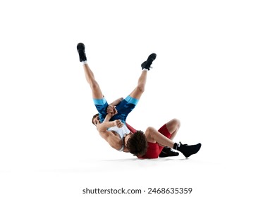 Two male wrestlers engage in battle, showing strength and skills during competition isolated on white background. Concept of combat sport, martial arts, competition, tournament, athleticism - Powered by Shutterstock