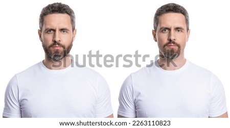 two man bearded face comparison before and after in studio. man bearded face comparison
