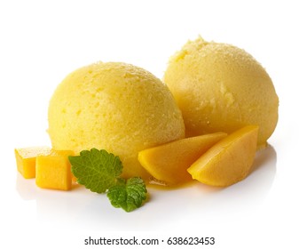 Two Mango Ice Cream Sorbet Balls Isolated On White Background