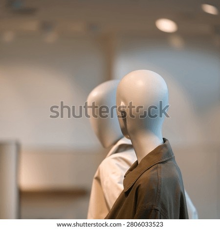    two mannequins behind the storefront window of a clothing store                             
