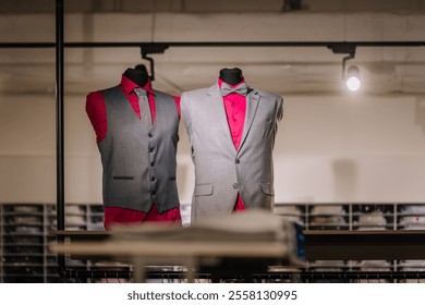 Two mannequins dressed in grey formalwear with red shirts, one featuring a vest and tie, the other a blazer with a bow tie, in a showroom setting. - Powered by Shutterstock