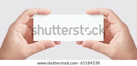 Two man's hands holding long blank paper card on light gray background, copy space for your message or advertisement