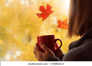 Two Maple Leaves Stuck To The Window Pane During Rain And A Blurry Silhouette Of A Man With A Mug In His Hands In The Foreground. Warming Home Coffee For The Autumn Mood