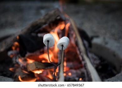 Two marshmallows being roasted over an open campfire.