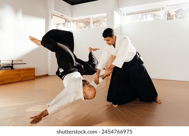 Two martial artists engage in a practice throw, with one person executing a controlled flip on a padded floor. - Powered by Shutterstock