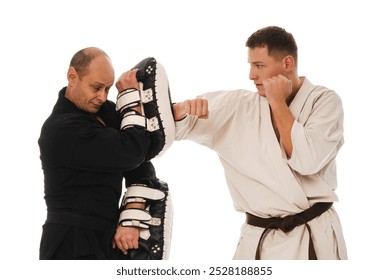 Two martial artists practicing karate, one in a white gi and the other in a black gi. The man in white strike delivers a while the other holds a hand makiwara for training. - Powered by Shutterstock