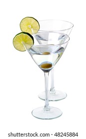 two martini glasses with slice of lime isolated on white background - Shutterstock ID 48245884