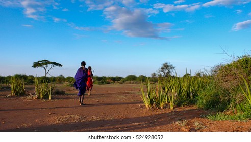 two Masai in the savannah of Tanzania