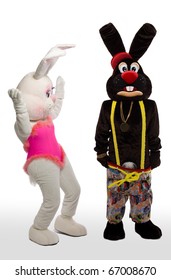 two mascot bunny costume - confused scene
