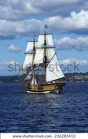 Two masted tall ship sails on Lake Washington