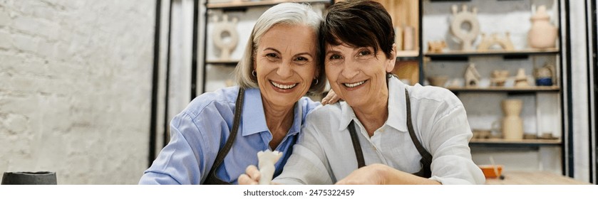 Two mature women, dressed in cozy attire, work on pottery in an art studio. - Powered by Shutterstock