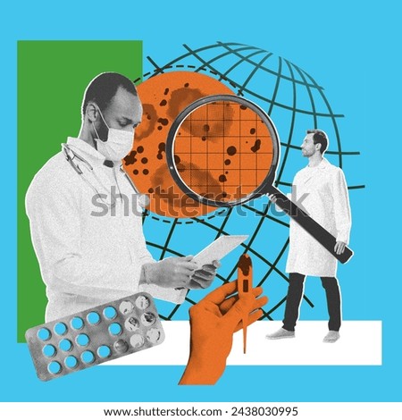 Two med, doctors, scientists making medical researches for illness treatment cures. Epidemiological studies. Contemporary art collage. Concept of medicine, healthcare, pharmacy and science