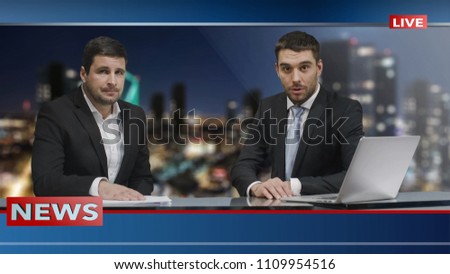 Two Media broadcasters is sitting in Studio and Talking. News show Mock-up.