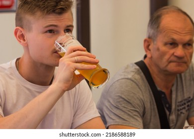 Two men adult son and senior father drinking light beer, cheering together and having a discussion on czech pub terrace.