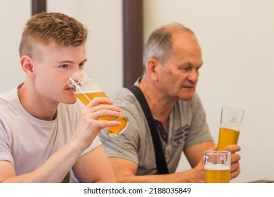 Two men adult son and senior father drinking light beer, cheering together and having a discussion on czech pub terrace in the summer weekend. Best friends. Family and Father's Day celebration concept