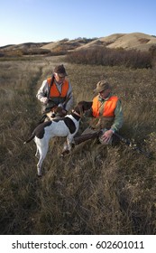 Two Men, Bird Hunters, With Shotguns, Carrying The Day's Bag Of Dead Birds, And A Spaniel Dog