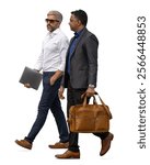 Two men in casual suits walking and talking business isolated on white background