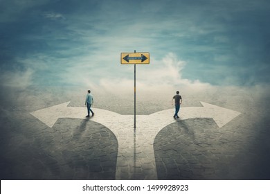 Two men change the common route going different roads. Split crossroad fork junction, people choose correct way. Signpost arrow shows left and right directions. Decision concept, failure or success.