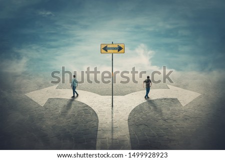 Two men change the common route going different roads. Split crossroad fork junction, people choose correct way. Signpost arrow shows left and right directions. Decision concept, failure or success.