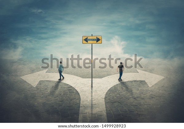Two men change the common route going different\
roads. Split crossroad fork junction, people choose correct way.\
Signpost arrow shows left and right directions. Decision concept,\
failure or success.