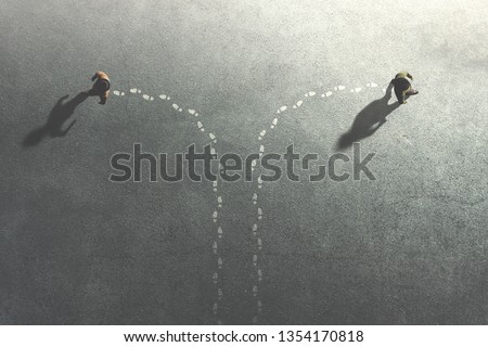 two men change their common route taking different ways, surreal concept