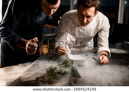 Two men chefs sprinkle on beautiful molecular cuisine dish decorated with pine branches in the smoke