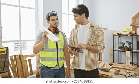 Two men consult over a blueprint in a bright carpentry workshop, surrounded by woodworking tools and safety gear. - Powered by Shutterstock