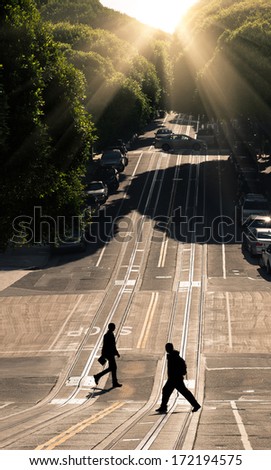 Two men crossing the road - San Francisco, Hyde Street