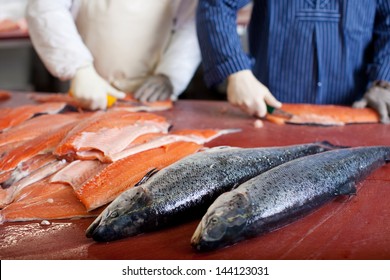 Two Men Cutting Salmon In Fish Industry