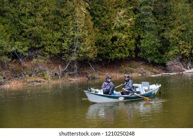 Two Men Drift Boat Fly Fishing In Ontario, Canada