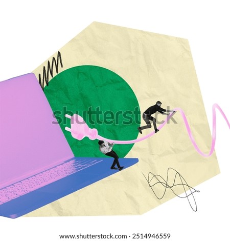 Two men, employees pulling plug. Start of work. Staying connected and managing power. Contemporary art collage. Cooperation and innovations. Concept of business, technology