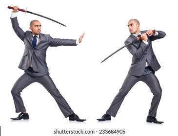 Two men fighting with the sword isolated on white