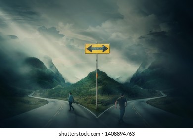 Two Men Going Different Roads As Crossroad Fork Junction Split In Peculiar Ways. People Choosing Correct Path. Signpost Arrow Shows Directions To Left And Right, Failure Or Success, Decision Concept.
