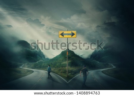 Two men going different roads as crossroad fork junction split in peculiar ways. People choosing correct path. Signpost arrow shows directions to left and right, failure or success, decision concept.
