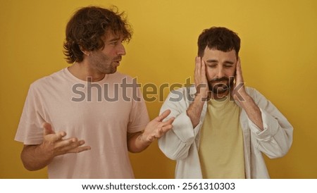 Two men having a conversation with one man looking upset and the other trying to explain against a yellow background
