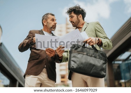 Two men having a conversation while examining a document with analytical data, standing outdoors in a modern city setting.