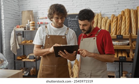 Two men, one in a red shirt and one in a white shirt, wearing aprons and reviewing a clipboard in a bakery with shelves of baguettes and pastries behind them. - Powered by Shutterstock