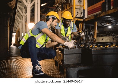 Two men in safety gear are working on a piece of equipment. Scene is serious and focused, as the men are concentrating on their task - Powered by Shutterstock