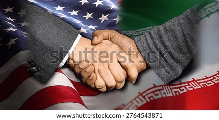Two men shake hands in the foreground with an American and Iranian flag behind.  Concept exploring peace or ceasefire in the Iran war. 