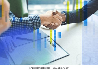 Two men shaking hands over a contract. Business agreement, handshake, and contract signify partnership. Business people handshake for a business deal. Corporate professionals collaboration.