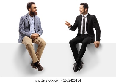 Two Men Sitting On A Panel And Having A Conversation Isolated On White Background