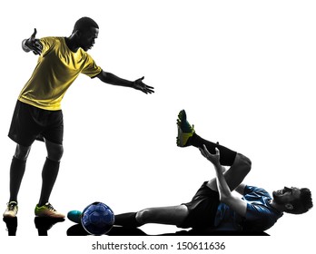 Two Men Soccer Player Playing Football Competition Complaining Foul In Silhouette On White Background