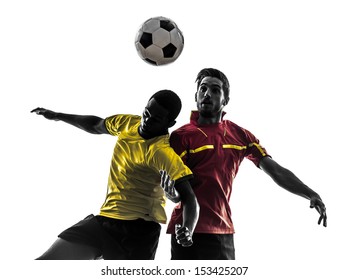 two men soccer player playing football competition fighting for a ball in silhouette on white background - Powered by Shutterstock