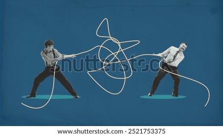 Two men tugging opposite ends of tangled rope, symbolizing tension and competition in business, collaboration to untangle a complex situation. Contemporary art collage. Concept of business, progress