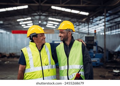 Two men wearing safety gear and smiling at the camera. Scene is positive and friendly - Powered by Shutterstock