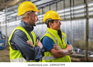 Two men wearing yellow hard hats and safety vests stand next to each other. They are smiling and seem to be enjoying each other's company - Powered by Shutterstock